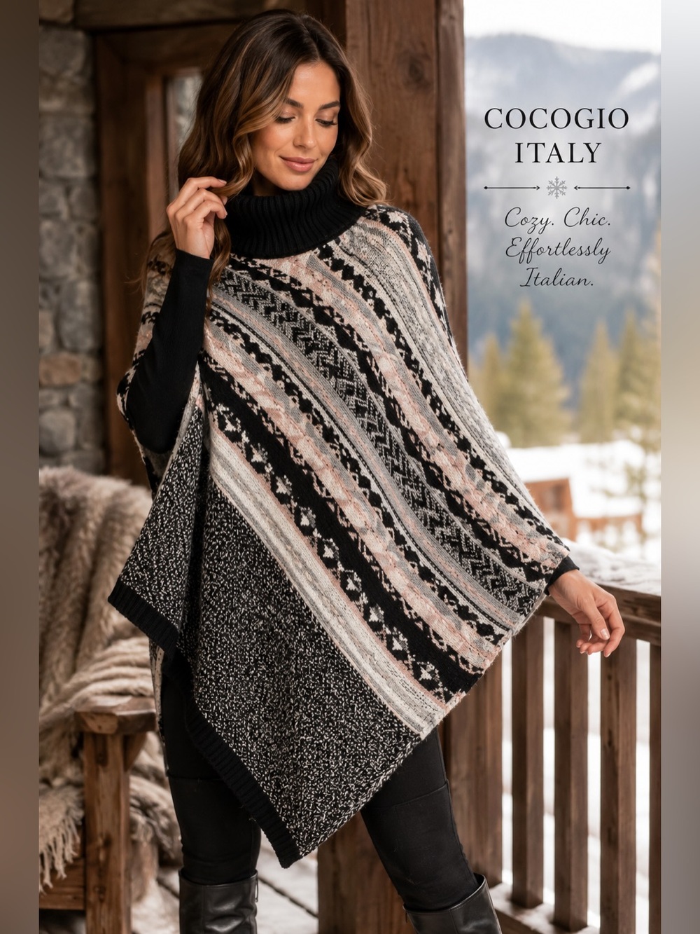Cocogio Poncho Turtleneck Sweater One Size Cable Knit Wool Alpaca Made in Italym
